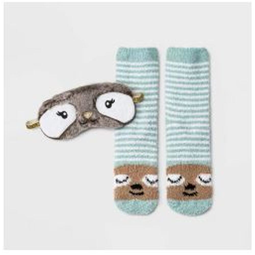 Sloth‎ Faux Fur Eye Mask & Cozy Socks Set Brown Mint 4-10 Soft Smooth New Womens